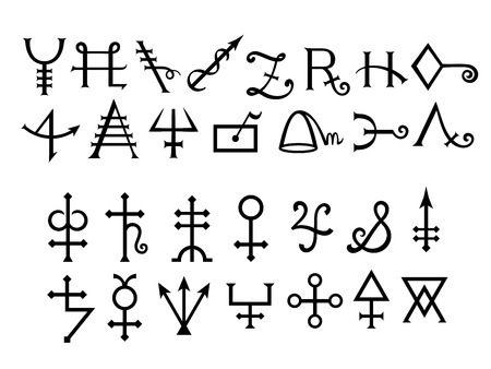 13879394 - medieval alchemical signs of grimoire magic book, volume 2 and 3
